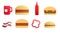 Set of eight icons of items of delicious food and snacks for a cafe bar restaurant on a white background: tea, burger, ketchup,