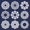 Set of eight pointed circular patterns in Oriental intersecting lines style. Nine white mandalas in snowflakes form