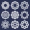 Set of eight pointed circular patterns in Oriental intersecting lines style. Nine white mandalas in snowflakes form on blue backgr