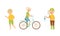 Set of elderly people enjoying various hobbies. Senior men and women running, cycling, fishing vector illustration