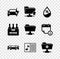 Set Electric car, FTP folder upload, Water drop percentage, Cars, Music book with note and settings icon. Vector