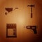 Set Electric hot glue gun, Wheelbarrow, Cement bag and Claw hammer on wooden background. Vector