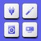 Set Electric plug, Screwdriver, Washer and Electrical outlet icon. White square button. Vector