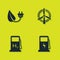 Set Electric saving plug in leaf, car charging station, Hydrogen filling and Rotating wind turbine icon. Vector