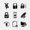 Set Electric scooter, Broken or cracked lock, Cyber security, , Document and and FTP folder icon. Vector