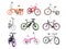 Set of electric, urban, cruiser, MTB and folding bikes isolated