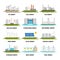 Set of electricity generation source type icons. Nonrenewable energy sources like oil, gas, coal, nuclear. Renewable energy