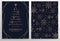 Set of elegant Christmas greeting cards with rose gold snowflakes, Christmas tree and navy blue background