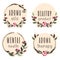 Set of elegant flower stickers with text aromatherapy, essential oils, mental heath, healthy product. Floral label template.