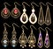 set of elegant jewelry earrings with precious stones and filigree