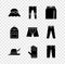 Set Elegant women hat, Pants, Skirt, Oktoberfest, Leather glove, Backpack and Men underpants icon. Vector