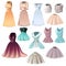 Set of elegant womens dresses and skirts isolated on white background. Vector cartoon close-up illustration.