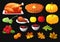 Set of element for Happy Thanksgiving Day on black. Badge, icon, template an apple, cranberries, pumpkin pie, leaf, turkey, sous,