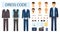 Set of elements businessman, dresscode, suits, eyeglasses, types of character, smartphone, man faces
