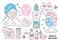 A set of elements of care cosmetics doodle, cartoon, line. Cream,serum,mask,mirror,masked girl,cosmetic oil.