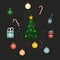 Set of elements for Christmas and New Years, Christmas balls, tree. sweets, gifts, champagne, it`s snowing