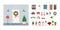 Set of elements for decorating front door. Collection includes Christmas tree, wreath, street lights, signs, garland