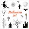 Set of elements for halloween. Bat, witch, fanar, goat skull, web, castle. Black outlines on a white background.Tree silhouette.