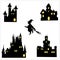 Set of elements for halloween. Scary castles. Black outlines. Silhouette of a witch on a broomstick. Vector illustration