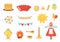 A set of elements of pancake day. Vector illustration of icons of the traditional Russian holiday Maslenitsa. Sun, scarecrow,