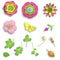 Set elements Paper craft 3D wild rose flowers, rosehip berries and butterfly seamless pattern. Vector illustration stock