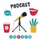 Set of elements, symbols of recording of a podcast, radio show, broadcast. Microphone on stand, cup with Play button, talking