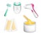Set of elements on the topic of hair removal. Epilator, sugaring paste, shaving foam, laser epilator, wax epilation, wax