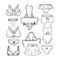 Set of elements of women`s underwear, bras, panties and swimwear. Black and white  illustration in Doodle style. The object