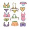 Set of elements of women`s underwear, bras, panties and swimwear. Color  illustration in Doodle style. The objects are hand