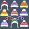 Set of eleven stickers of various hats for boys and girls in cold weather or for sports in a white stroke. Clothes for