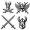 Set of emblem template with viking helmet, crossed swords. Design element for logo, label, sign.