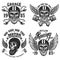 Set of the emblems with bearded skull in racer helmet with wings. Design element for logo, label, sign, emblem, poster