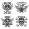 Set of the emblems with bearded skull in racer helmet with wings. Design element for logo, label, sign, emblem, poster