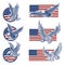 Set of the emblems with eagles on usa flag background. Design elements for logo, label, emblem, sign.