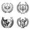 Set of emblems with medieval helmets and wreaths. Design element for logo, label, emblem, sign.