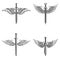 Set of emblems with medieval sword and wings. Design element for logo, label, emblem, sign.