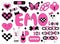 Set of emo elements. Y2k style. Hearts in chessboard, blade, chains, costet, rock sign, sneakers, butterfly, skull, lighter