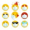 Set of emoji with a medical mask on the face. Different round yellow emoticons protect against the spread of coronavirus. Set of