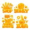 Set of emoji yellow hands in various gestures with titles Stop, sorry, who knows, idea. 3d cartoon style