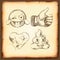 Set of emoticons,vintage gravure style, thumb up