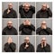 A set of emotional images of a bald man with glasses. Gray background. Square format