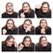 A set of emotional images of a middle-aged man with long hair. White background. Square format