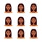 Set of emotions of beautiful dark skinned girl with dark hair. Set of different female emotions, vector illustration