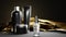 Set of empty beauty products for men on gold silk cloth, black plastic shampoo bottle with silver cap, tube of cream