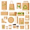 Set of empty kraft brown blank cardboard rectangle triangle take away eco boxes packaging for food and beverage with