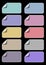 Set of empty labels in different pastel colors, rectangle paper wirh rolled corners, badge for own text, Useful for