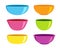 Set of empty plastic or ceramic bowls of different forms on white background. Colourful dishware for breakfast or dinner. Vector