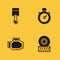 Set Engine piston, Car tire wheel, Check engine and Stopwatch icon with long shadow. Vector