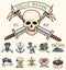 Set of engraved, hand drawn, old, labels or badges for corsairs, skull at anchor, treasures, flag , Caribbean parrot