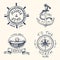 Set of engraved vintage, hand drawn, old, labels or badges for anchor, steering wheel, captains cap, compass. Marine and